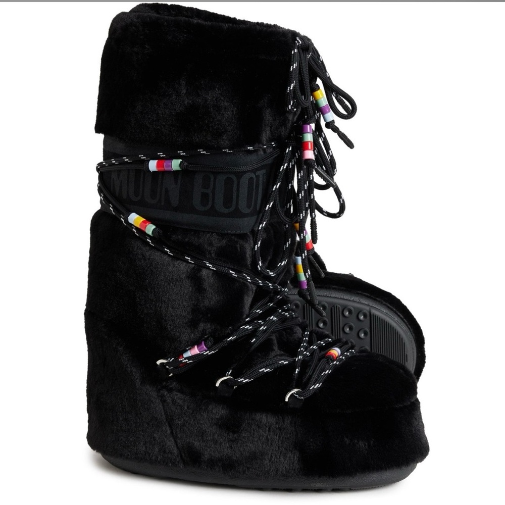 Moon Boot Icon Faux Fur Beads Black Snow Boots Womens 10-11.5 EU 42-44 NEW
